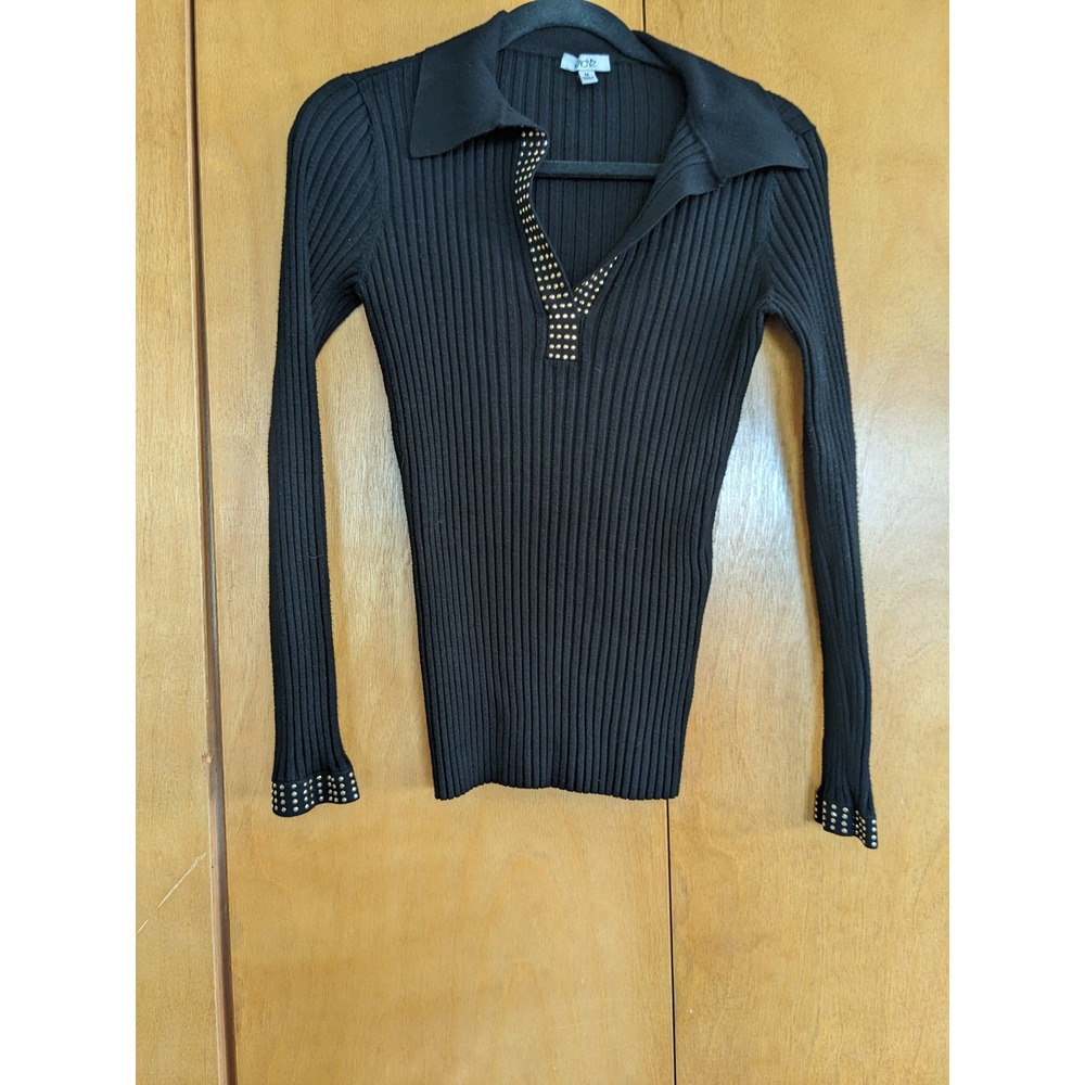Cache Womens Black Ribbed Knit Studded V-Neck Collared Sweater Top Medium